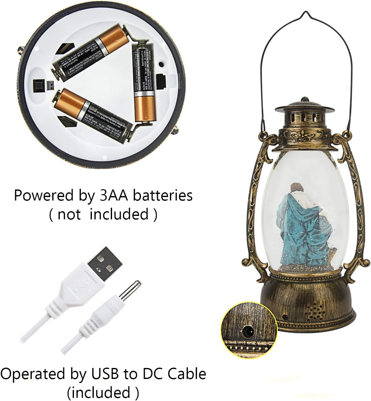 GMT-10316-M Jesus Christ Nativity Christmas Snow Globes Musical - Battery or USB Operated LED Lighted Swirling Glitter Water Lantern - Christmas Decorations for the Home