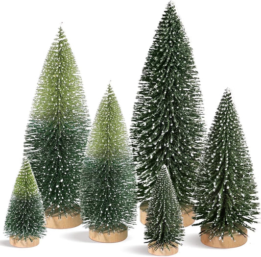6Pcs Artificial Mini Christmas Tree Sisal Snow Trees Bottle Brush Christmas Trees Pine Trees Ornaments with Wooden Base for Christmas Party Decoration（(Green, Double Colors)）