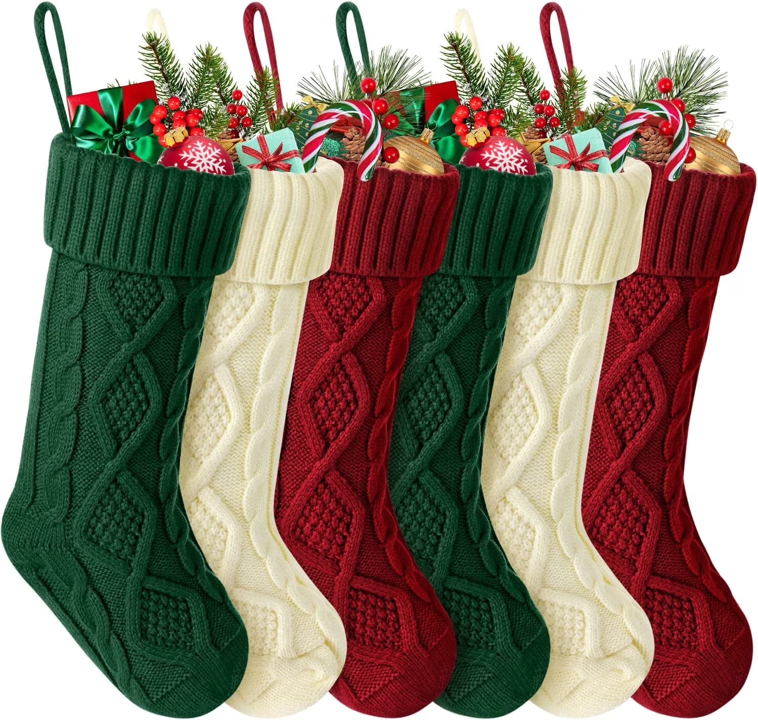 6Pcs Christmas Stockings Large Knitted Xmas Stockings 18 Inches Fireplace Hanging Stockings for Family Holiday Christmas Decoration