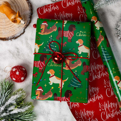 Christmas Wrapping Paper Roll - Green Gift Wrap with Christmas Dog, Christmas Tree, Bowknot - Perfect for Christmas - 17 Inch X 33 Feet