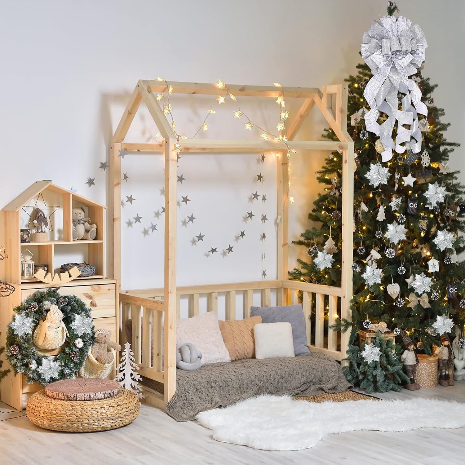 Christmas Tree Topper Decorations 34X12 Inch Large Christmas Bows Tree Ornaments and 24 Pcs Christmas Tree Flowers for Christmas Holiday Party Decorative (Silver)