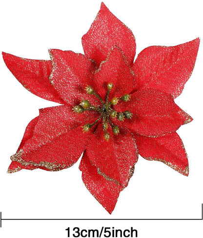 45 Pieces Christmas Poinsettia Decorations Glitter Poinsettia Flowers Tree Flowers for Xmas Tree Ornaments, 5 Inch(Red)