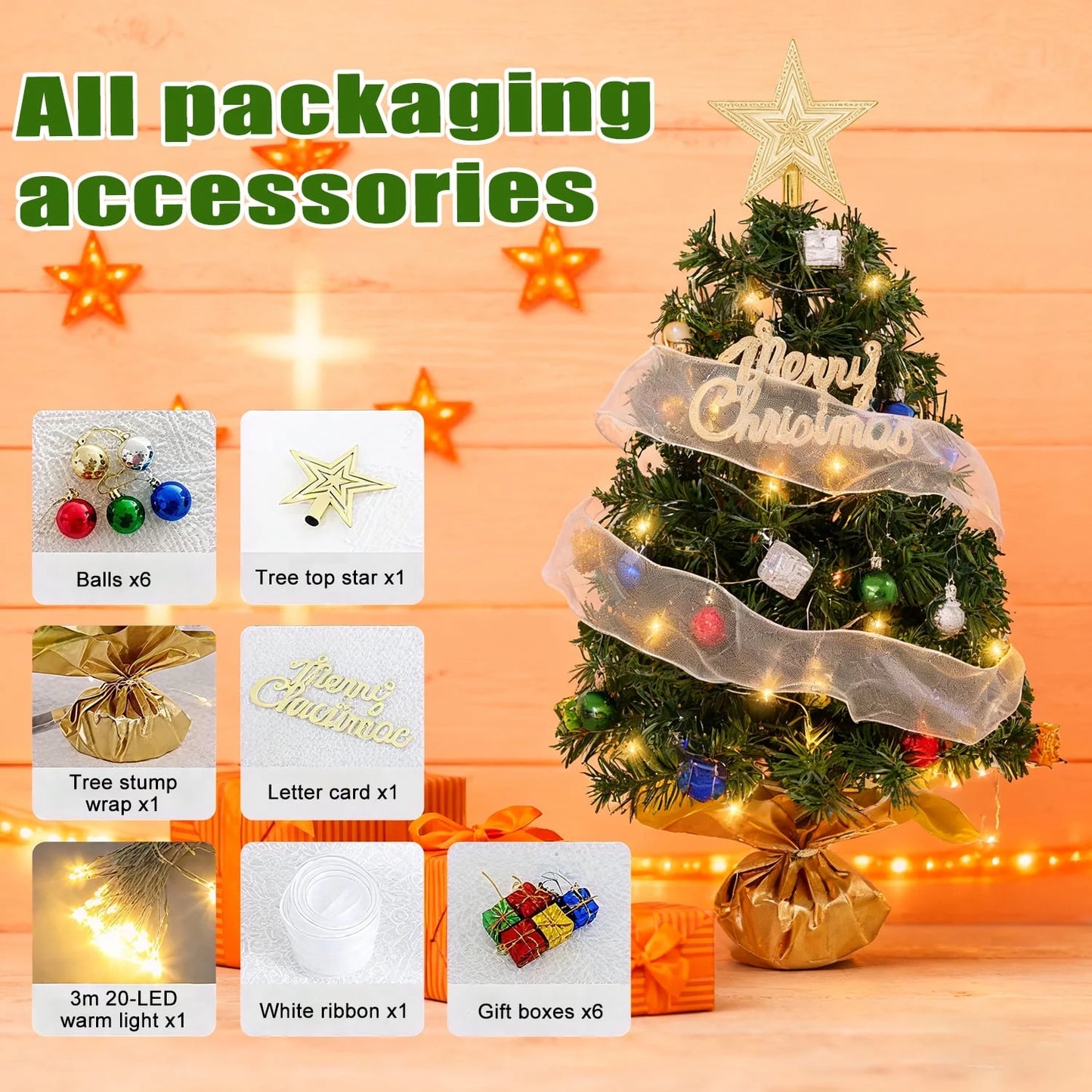 18" Pre-Lit Mini Christmas Tree with LED Lights & Ornaments – Battery Operated Tabletop Artificial Christmas Tree for Indoor Holiday Decor, Home & Office