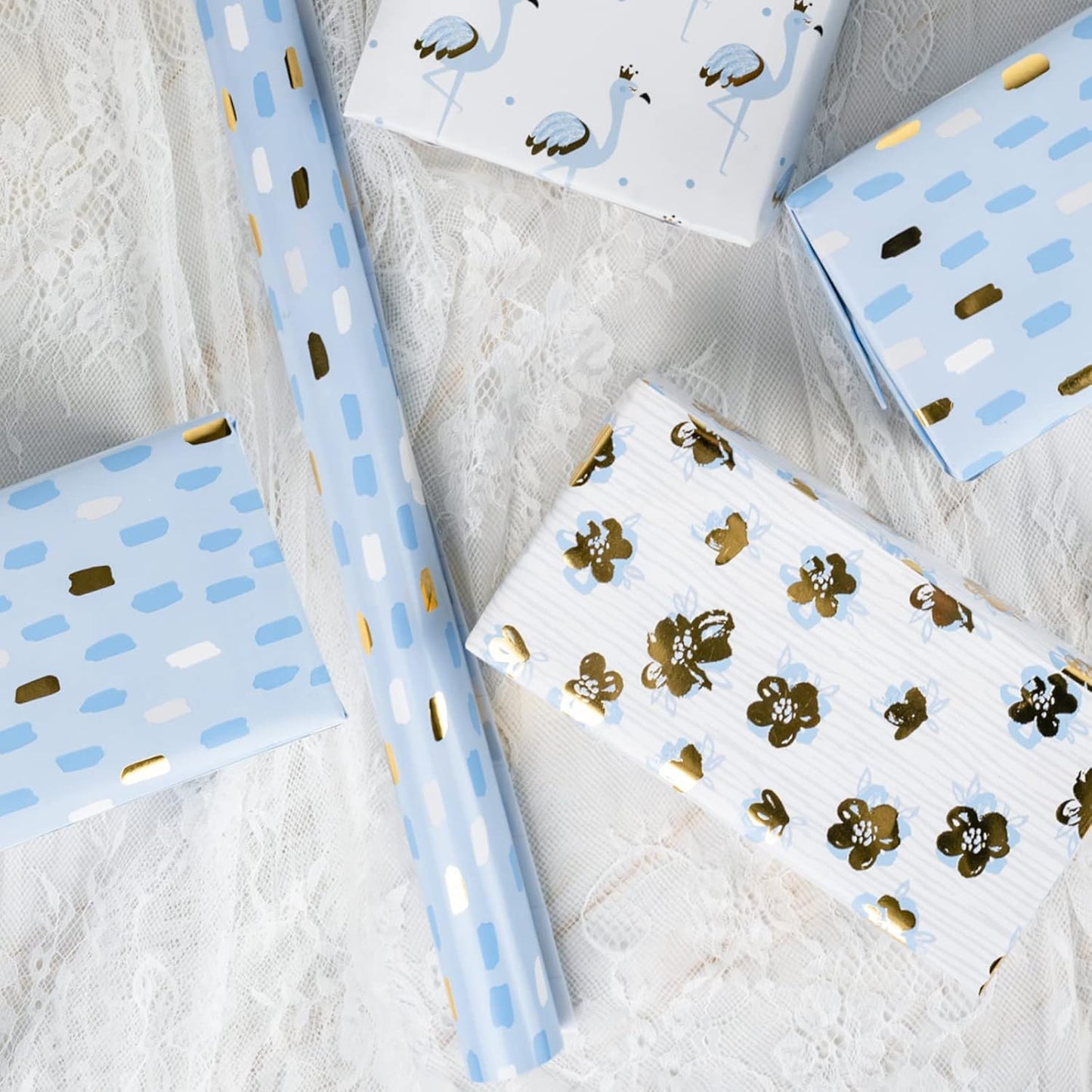 Gold Foil Wrapping Paper - Mini Roll - Flower/Flamingo/Terrazzo Print for Wedding, Bridal Shower, Birthday - 17 X 120 Inches - 3 Rolls (42.5 Sq.Ft.Ttl.)