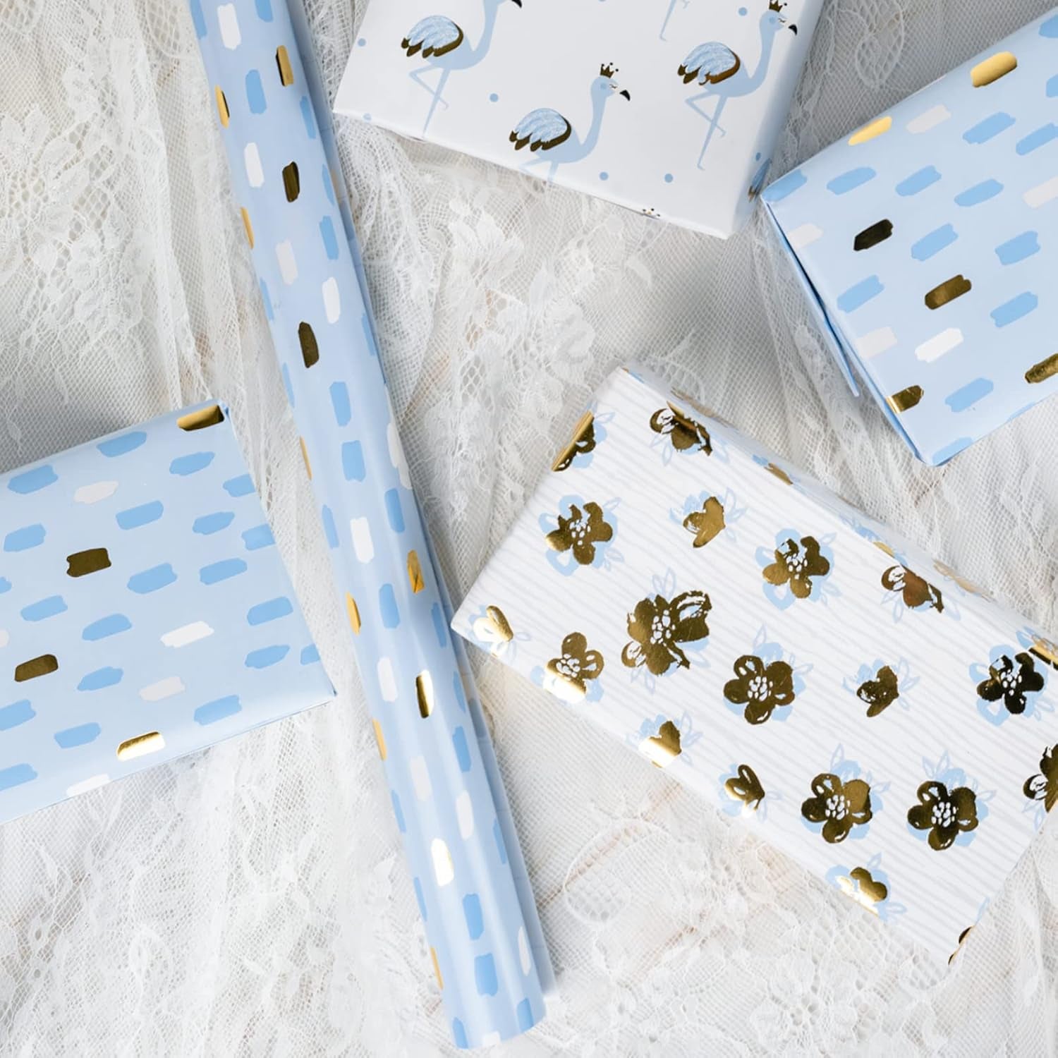 Gold Foil Wrapping Paper - Mini Roll - Flower/Flamingo/Terrazzo Print for Wedding, Bridal Shower, Birthday - 17 X 120 Inches - 3 Rolls (42.5 Sq.Ft.Ttl.)