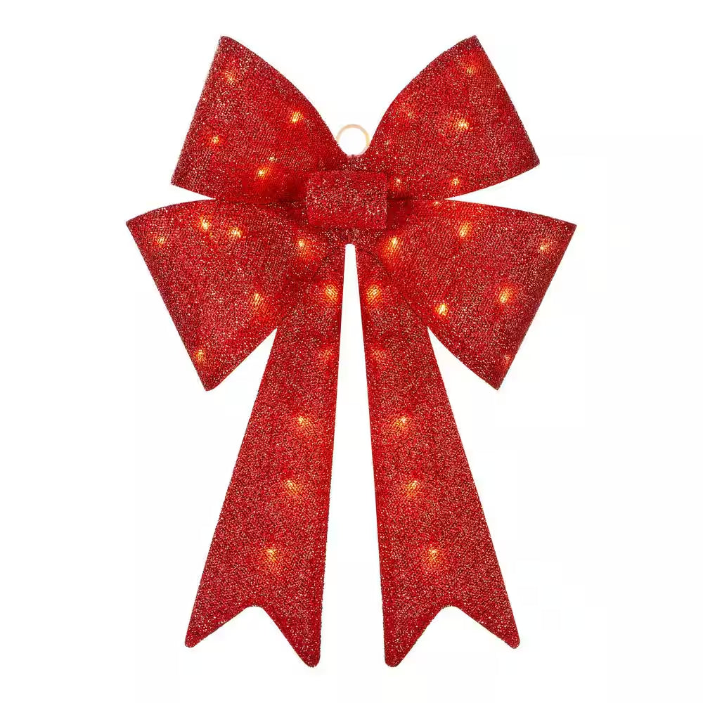 24 In. Yuletide Lane LED Red Tinsel Bow Holiday Yard Decoration