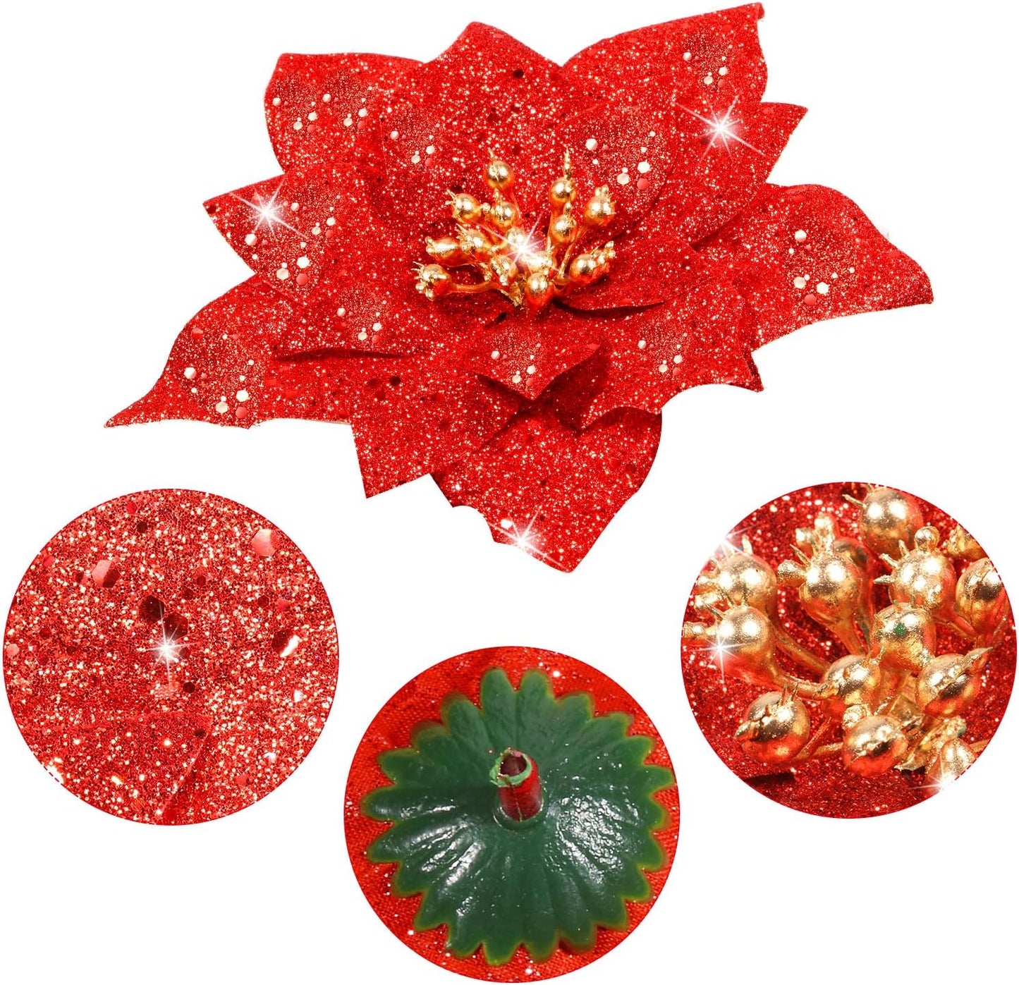24 Pieces Glitter Poinsettia Artificial Christmas Flowers Poinsettia Decorations Wedding Christmas Tree Ornaments, 3/4/6 Inches (Red)
