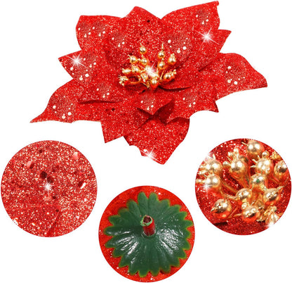 24 Pieces Glitter Poinsettia Artificial Christmas Flowers Poinsettia Decorations Wedding Christmas Tree Ornaments, 3/4/6 Inches (Red)