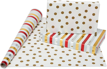 Wrapping Paper Rolls for Christmas or Any Occasion, Metallic Gold and Red Holiday Gift Wrap (120 Sq. Ft., 4 Rolls-30 In. X 12 Ft., Reversible) Stripes, Polka Dots, Zig Zags