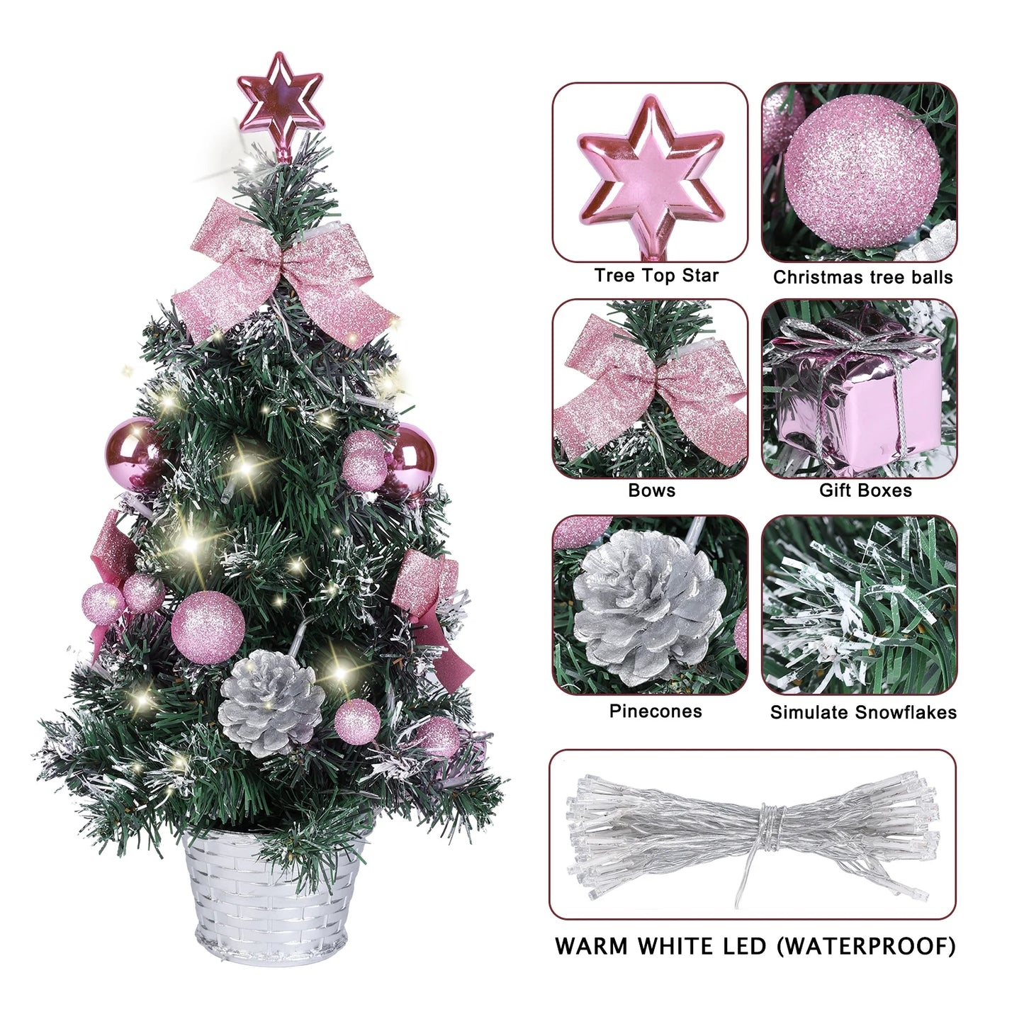 Mini Christmas Tree, 18" Artificial Small Christmas Tree with LED String Lights, Tabletop Christmas Tree with Pine Cones Christmas Balls Ornaments for Christmas Decorations