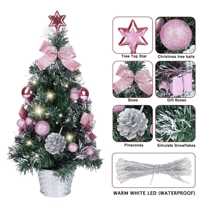 Mini Christmas Tree, 18" Artificial Small Christmas Tree with LED String Lights, Tabletop Christmas Tree with Pine Cones Christmas Balls Ornaments for Christmas Decorations