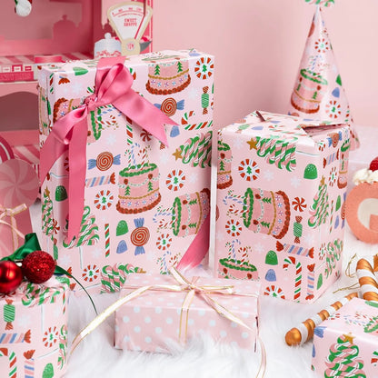 Girls Pink Wrapping Paper Roll, Pastel Cute Birthday Wrapping Paper W/Cakes, Reversible Modern Holiday Gift Wrap with Tree Present Candy Cane for Christmas, Party, Decorative Craft Supply