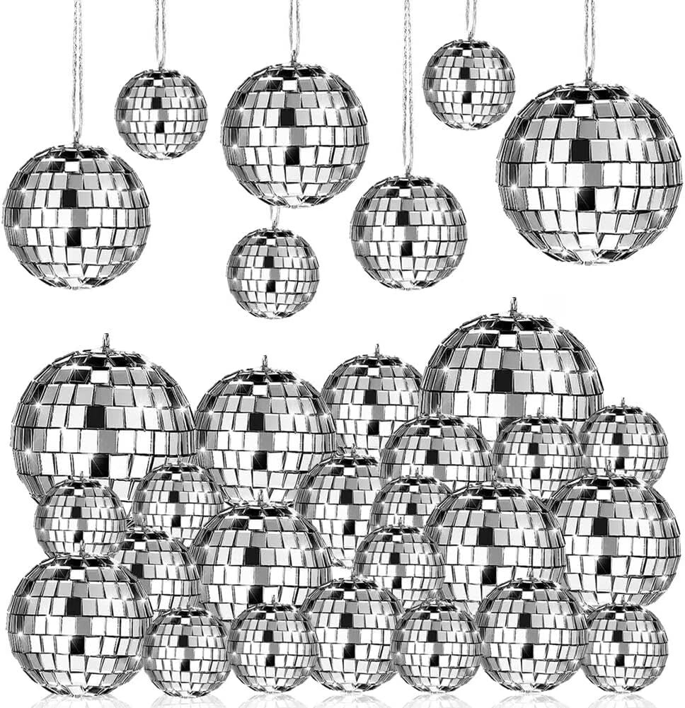 24 Pcs Hanging Mirror Disco Ball Glass Disco Ball Silver Mini Disco Ball Reflective Disco Ball, Halloween Disco Party Supplies, Christmas Tree Decorations (1.2Inch, 1.57Inch)