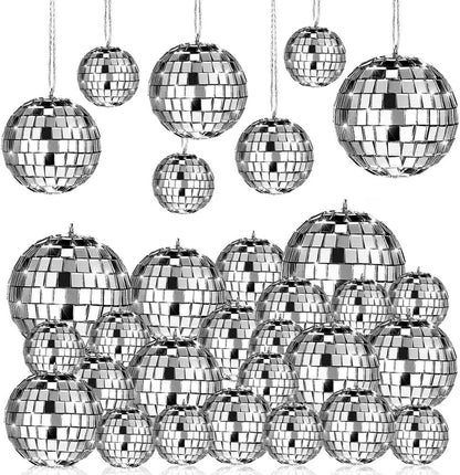 24 Pcs Hanging Mirror Disco Ball Glass Disco Ball Silver Mini Disco Ball Reflective Disco Ball, Halloween Disco Party Supplies, Christmas Tree Decorations (1.2Inch, 1.57Inch)