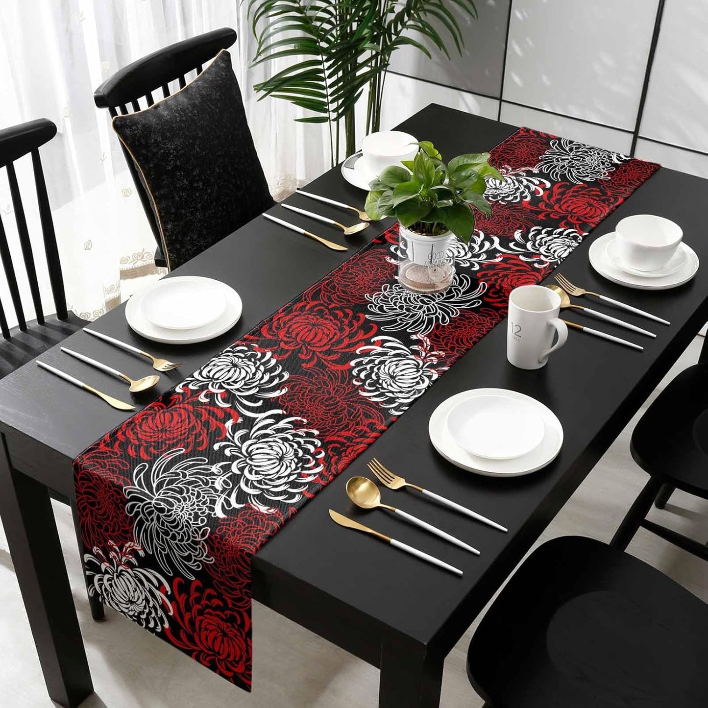 Floral Table Runner-Red Black White Cotton Linen-Long 90 Inche Dresser Scarves,Flower Tablerunner for Kitchen Coffee/Dining Table Bedroom Home Living Room,Scarf Decor for Summer Spring Holiday Dinner