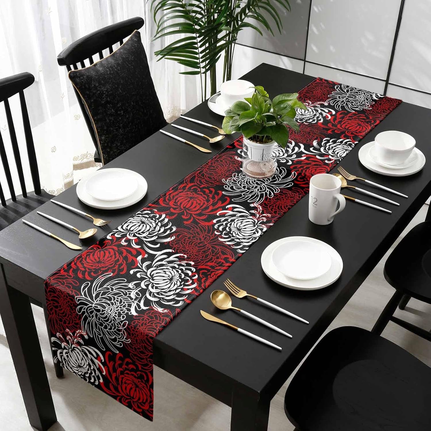 Floral Table Runner-Red Black White Cotton Linen-Long 90 Inche Dresser Scarves,Flower Tablerunner for Kitchen Coffee/Dining Table Bedroom Home Living Room,Scarf Decor for Summer Spring Holiday Dinner