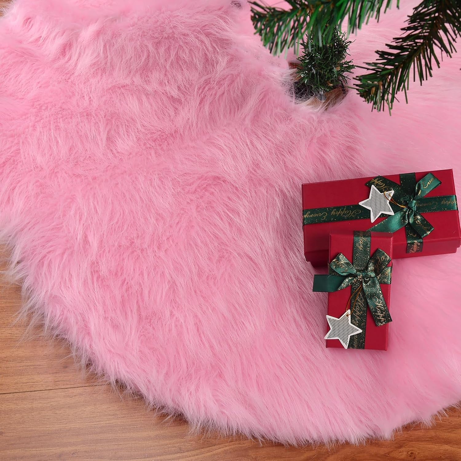 Pink Christmas Tree Skirt Fur,48 Inches Large Fuzzy Fur Candy Tree Skirt Rug Pink Christmas Halloween Decor&Ornaments for 7-7.5Ft Christmas Trees