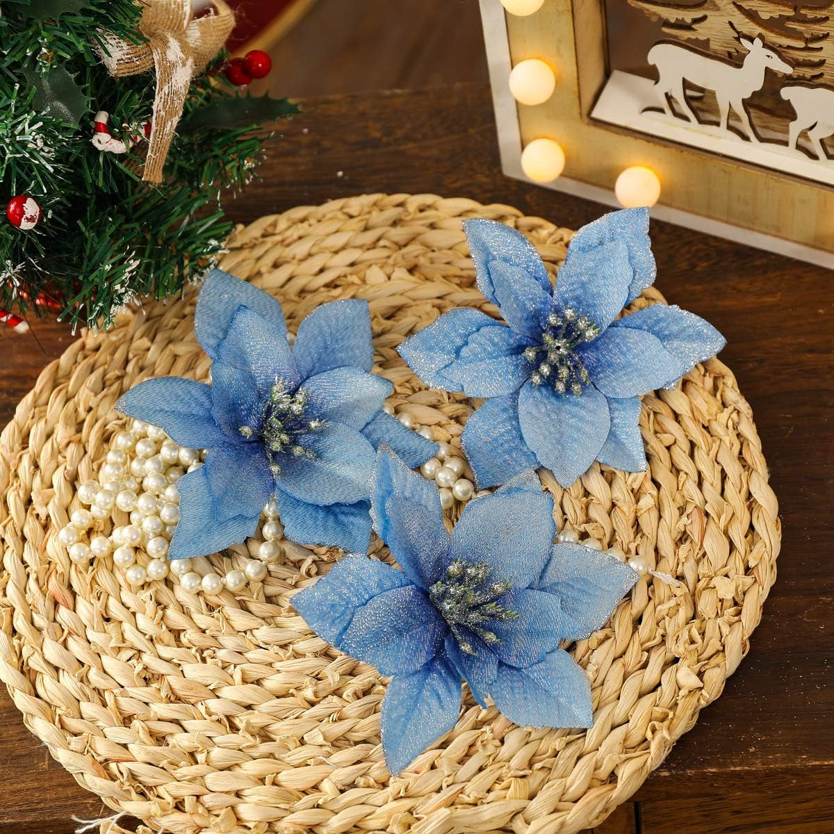 Christmas Poinsettia Flowers Decorations, Glitter Poinsettia Christmas Tree Ornaments, Artificial Flower Home Decorations for Christmas/Wedding/Holiday Party, Pack of 24, Blue