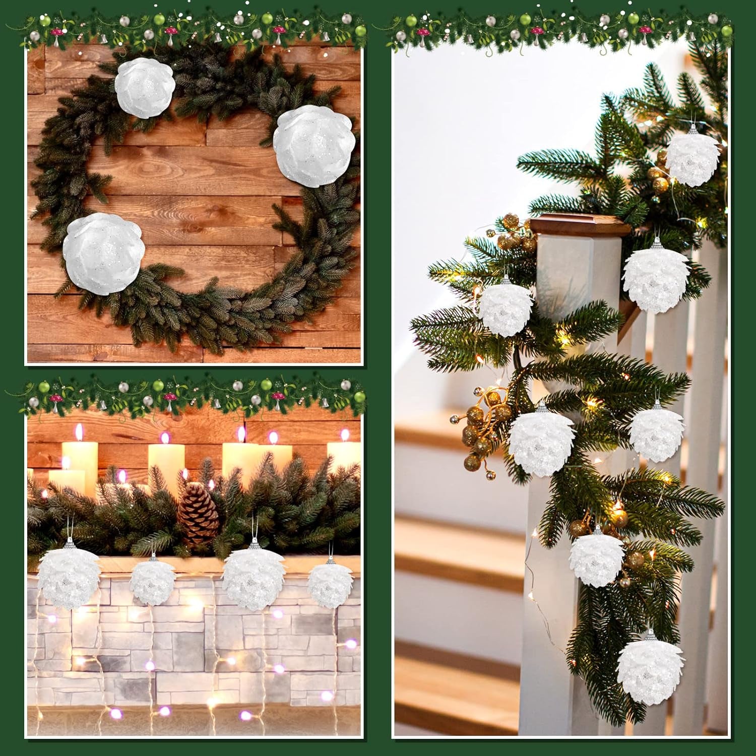 8 Pcs Christmas Ball Ornaments Artificial Pinecone Hanging Ornaments Glitter Faux Christmas Flower for Xmas Decor, 3.15/2.36 Inch(White)