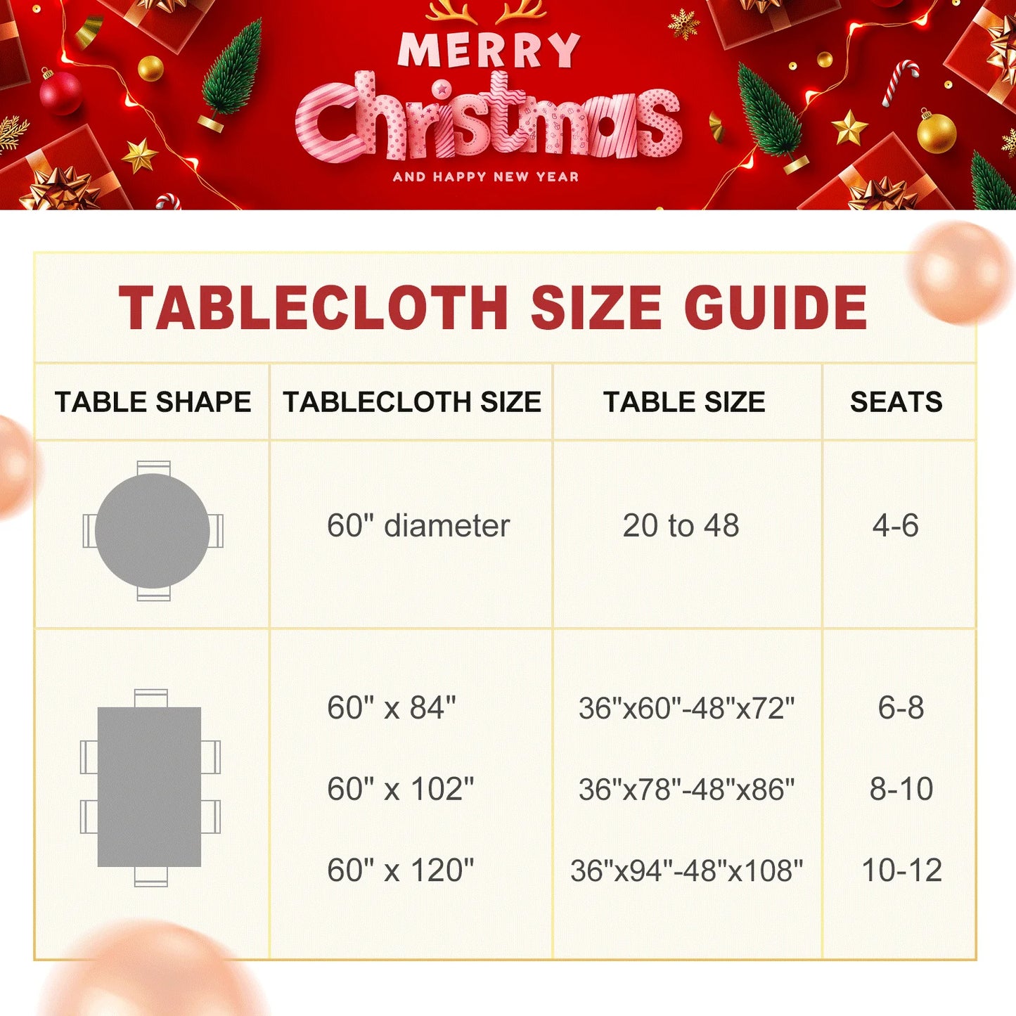 Christmas Tablecloth round 60 Inch - Holly Ribbon Pattern Washable Wrinkle Resistant Holiday Tablecloths for Christmas Family Gathering, Dining Room Table Decoration 130GSM