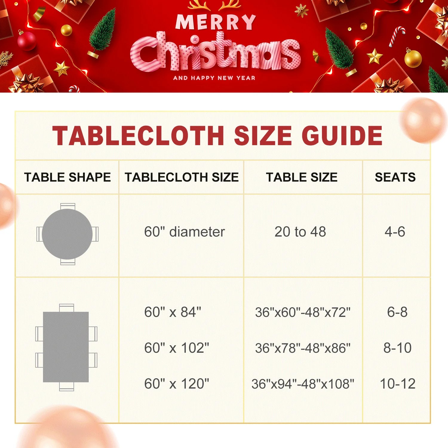 Christmas Tablecloth round 60 Inch - Holly Ribbon Pattern Washable Wrinkle Resistant Holiday Tablecloths for Christmas Family Gathering, Dining Room Table Decoration 130GSM