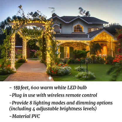 168FT Christmas Lights Outdoor 8 Modes Indoor String Lights for outside Warm White