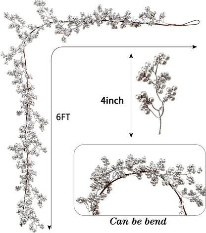 5.9Ft Silver Berry Christmas Garland with Light Artificial Garland for Indoor Mantle Staircase Home Xmas Decoration