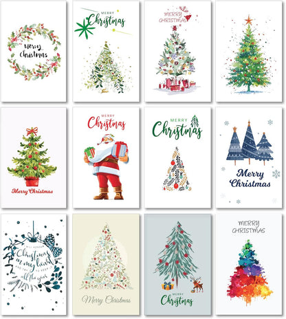 Christmas Cards Boxed, Set of 24 Holiday Cards, Christmas Tree, Santa Claus, Reindeers, 12 Unique Designs Greeting Cards - 4X6"