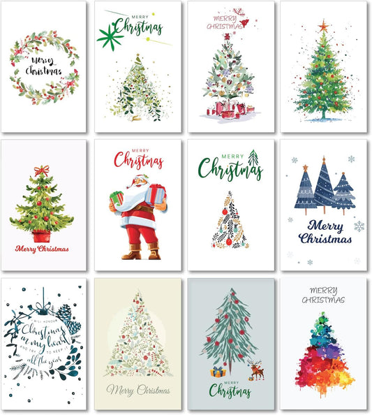 Christmas Cards Boxed, Set of 24 Holiday Cards, Christmas Tree, Santa Claus, Reindeers, 12 Unique Designs Greeting Cards - 4X6"
