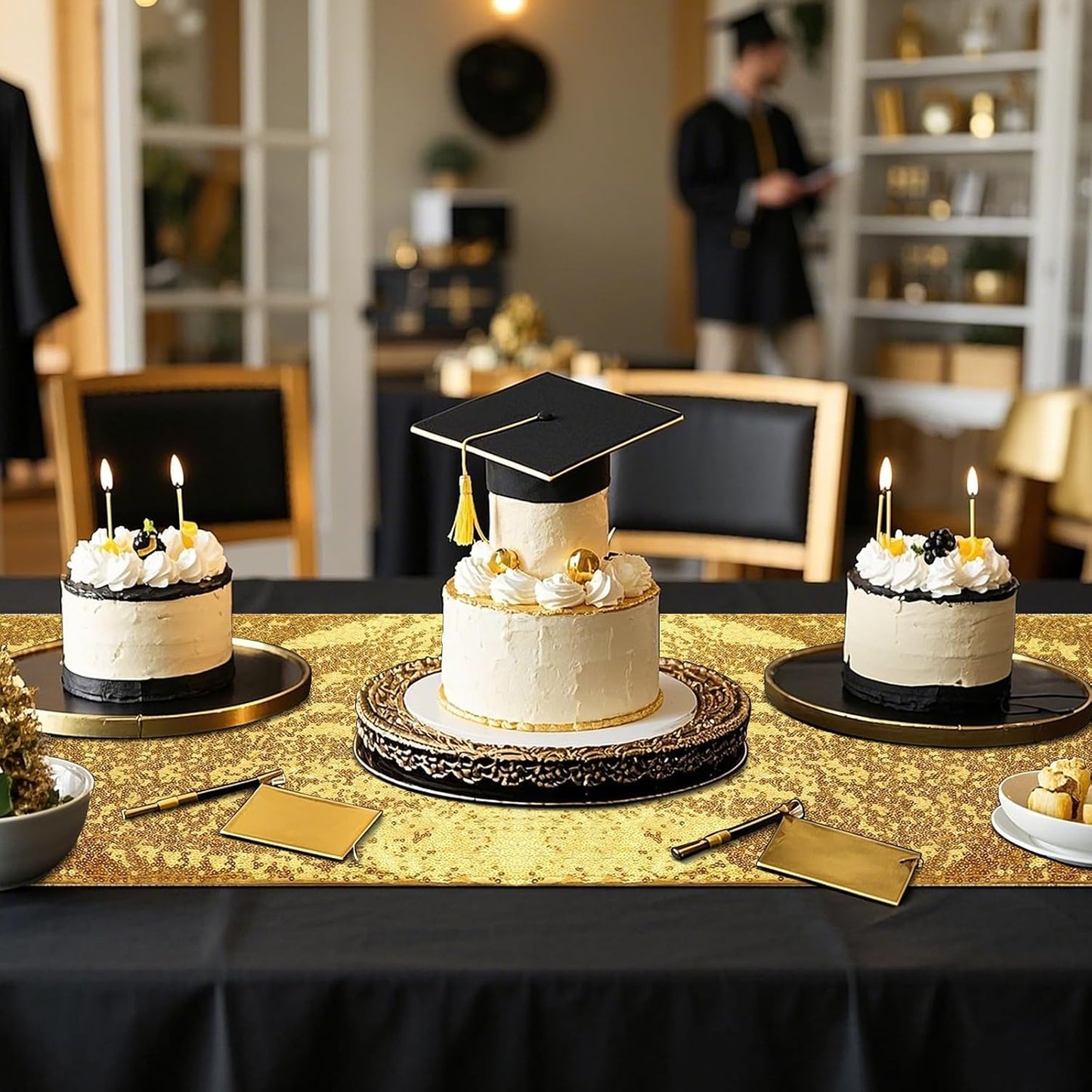 Gold Sequin Table Runners, 2 Pack Glitter 12''X108'' Table Cloth for Graduation Decorations/Birthday/Wedding/Bridal Baby Shower/Christmas Gold Party Decorations