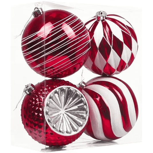 4Ct 5.9" Christmas Ornaments, Red White Christmas Ball Ornaments for Holiday Party Decor