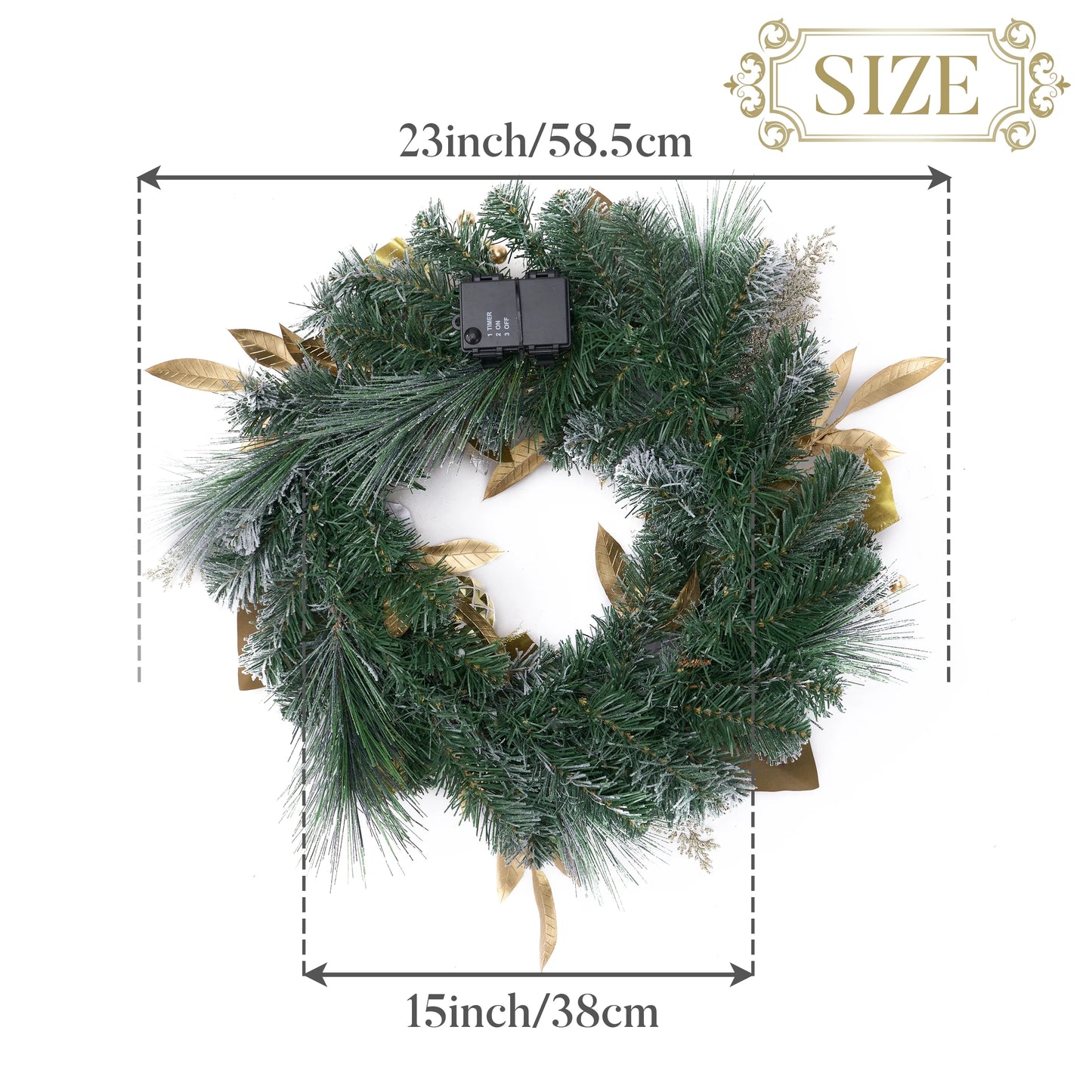 24 Inches Pre-Lit Christmas Wreath White Gold Lighted Wreath with Bow & Flower & Ornaments Perfect Xmas Holiday Gift for Front Door Mantel Table Top Decoration