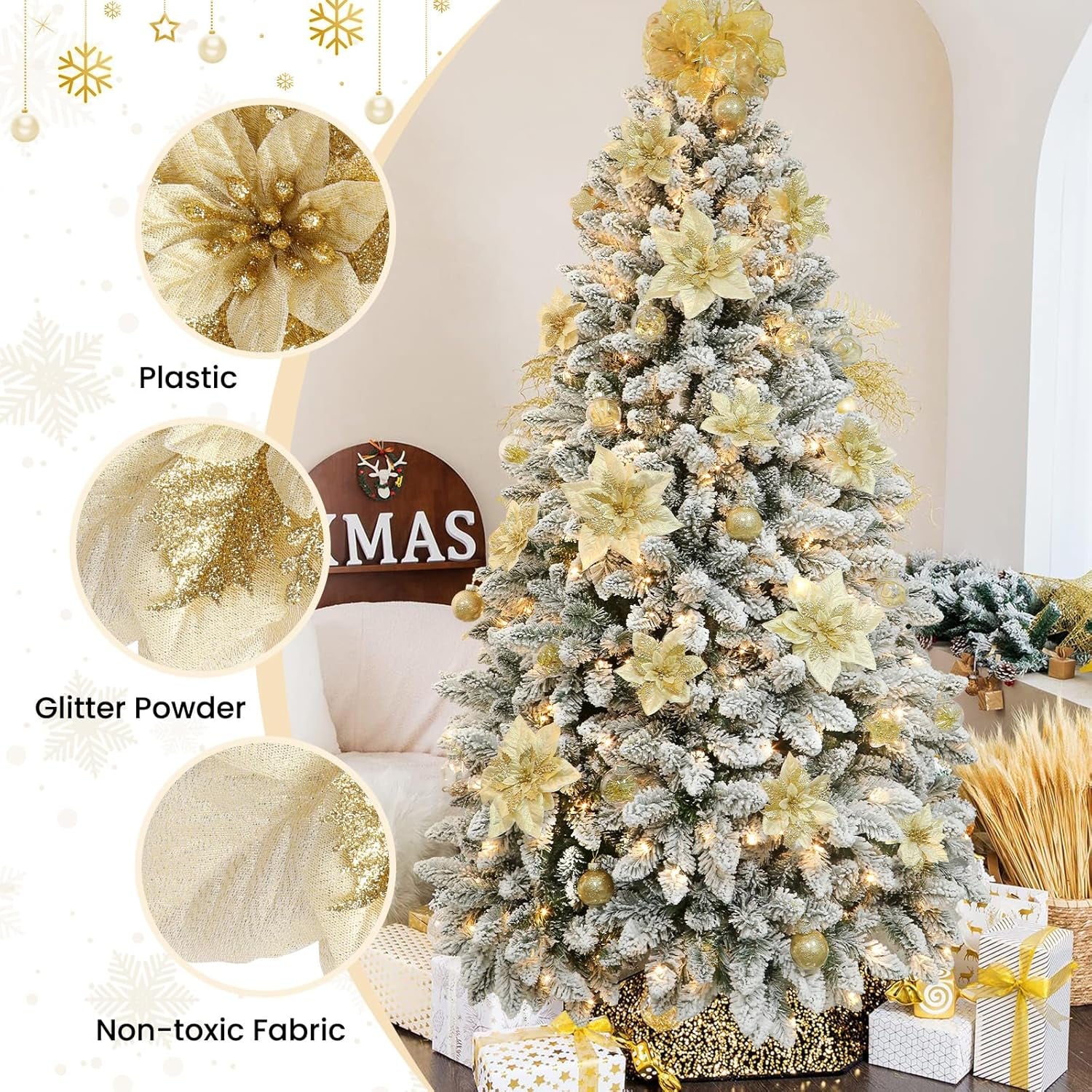 Artificial Poinsettia Christmas Flowers with Clips, Gold, 24 Pcs, Large Size