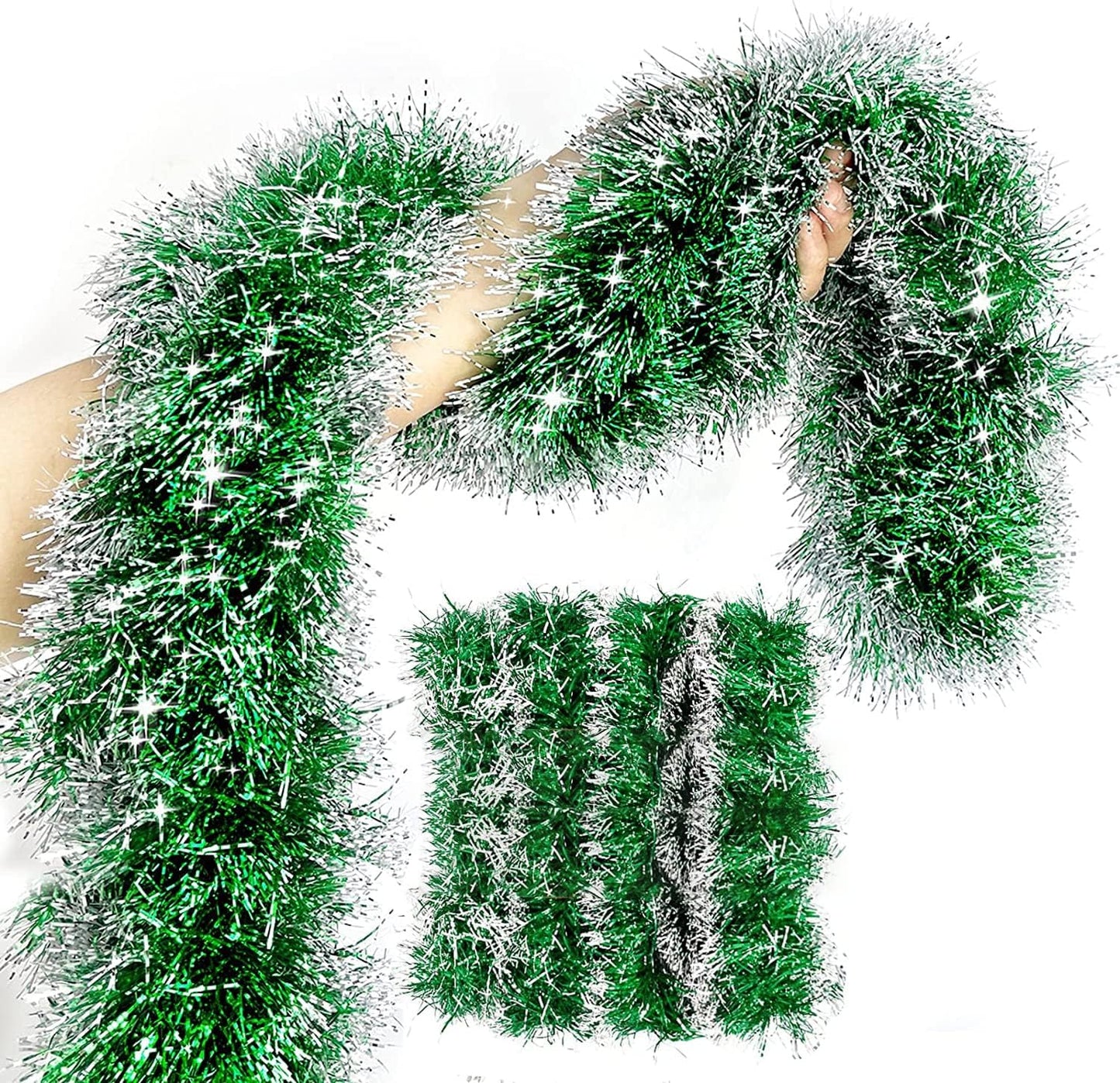 5 String Total 50 Ft Green Christmas Tinsel Garland Xmas Tree Decorations Christmas Metallic Twist Garland Hanging Decorations Indoor Outdoor Christmas Party Supplies, Each 10 Ft by 4 Inch