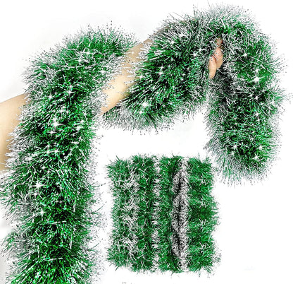5 String Total 50 Ft Green Christmas Tinsel Garland Xmas Tree Decorations Christmas Metallic Twist Garland Hanging Decorations Indoor Outdoor Christmas Party Supplies, Each 10 Ft by 4 Inch