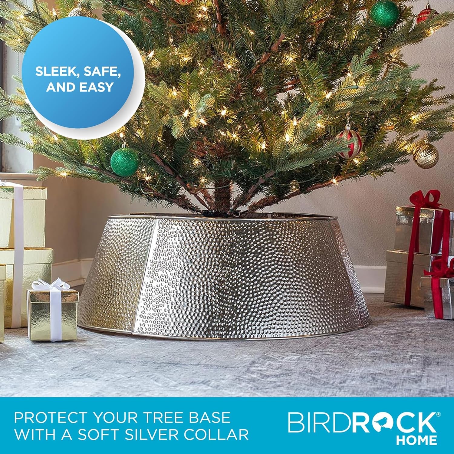 4-Panel Christmas Tree Collar - Metal Holiday Skirt Decor - Water Base Protection from Pets (Silver - Hammered)