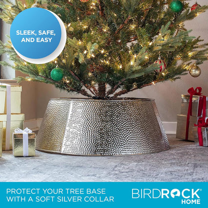 4-Panel Christmas Tree Collar - Metal Holiday Skirt Decor - Water Base Protection from Pets (Silver - Hammered)