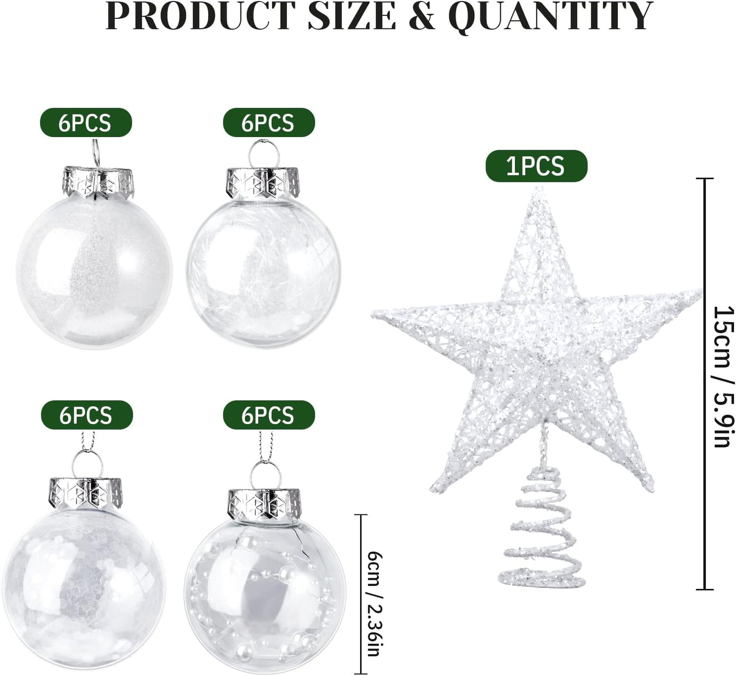 25 Pcs Christmas Ball Ornaments with Star Tree Topper Christmas Tree Decorations with 24 Pcs 2.36 Inch Plastic Ball Ornaments 1 Pack 5.91 Inch Xmas Star Treetop for Home Party(White)