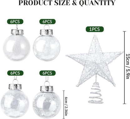 25 Pcs Christmas Ball Ornaments with Star Tree Topper Christmas Tree Decorations with 24 Pcs 2.36 Inch Plastic Ball Ornaments 1 Pack 5.91 Inch Xmas Star Treetop for Home Party(White)