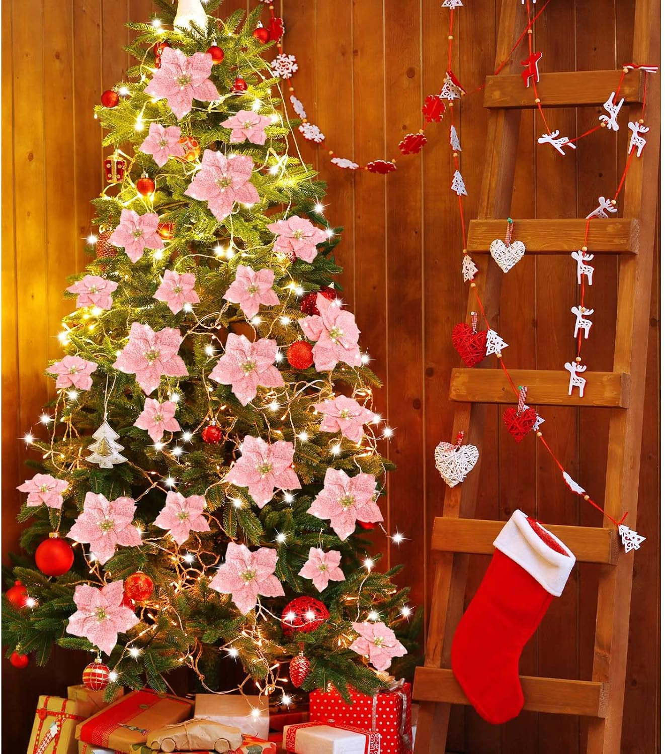 36 Pieces Christmas Glitter Poinsettia 3/4/6 Inch Faux Flowers Christmas Flowers Decorations Wedding Xmas Tree New Year Ornaments(Rose Gold)