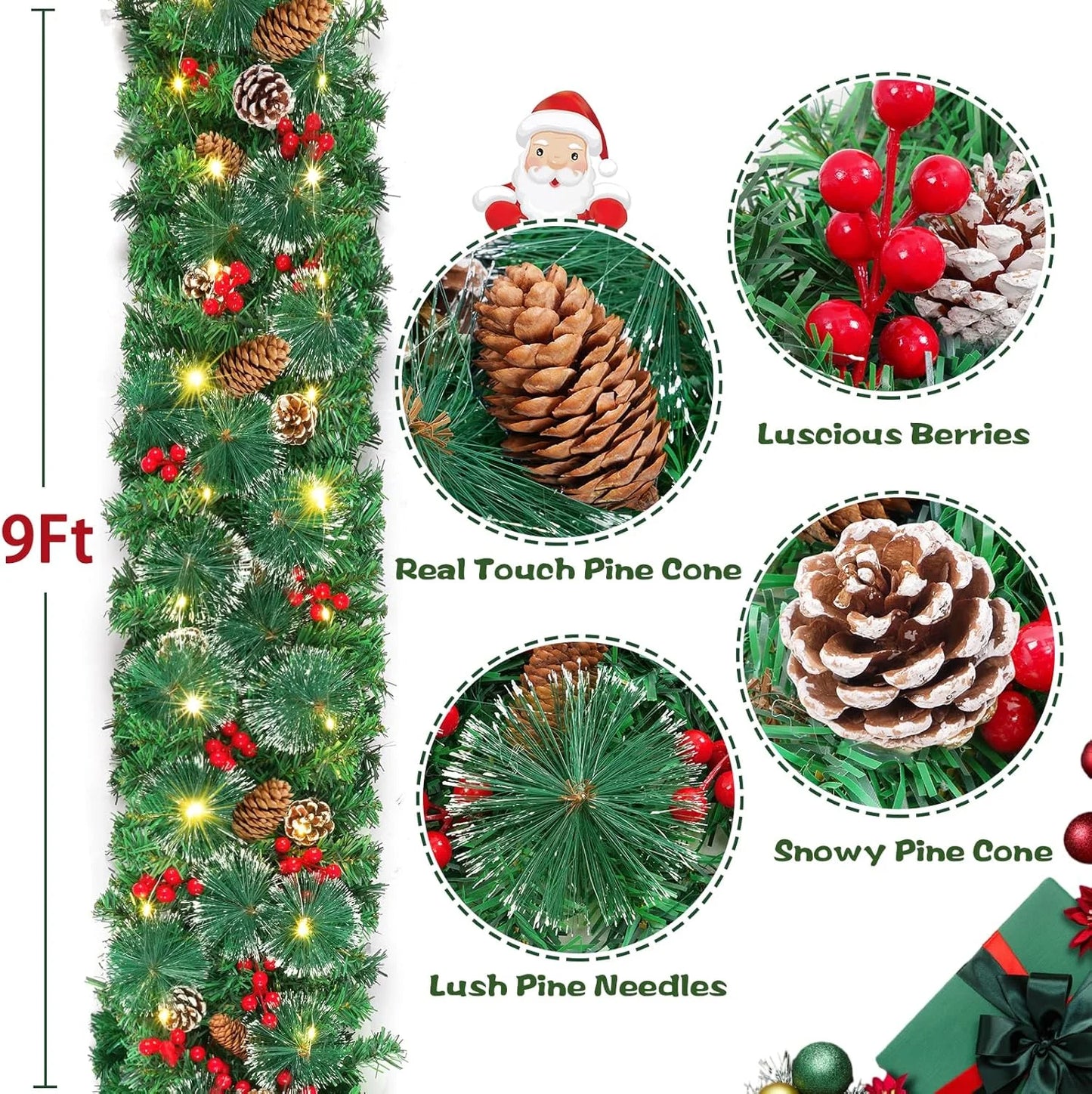 9Ft Christmas Lighted Garland, Battery Operated Christmas Garland with Lights,Pre-Lit Garland with Pine Cones for Indoor Home Holiday Xmas Decorations