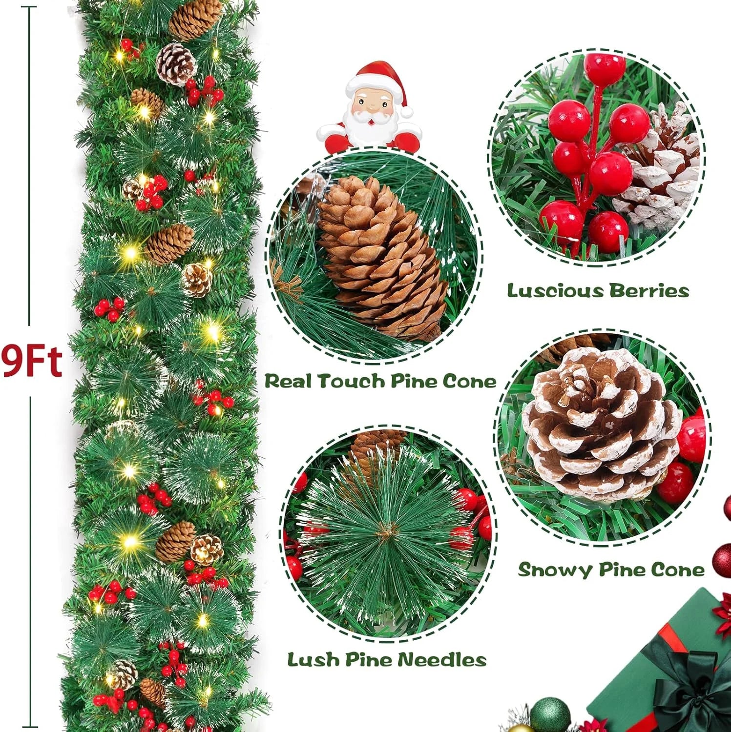 9Ft Christmas Lighted Garland, Battery Operated Christmas Garland with Lights,Pre-Lit Garland with Pine Cones for Indoor Home Holiday Xmas Decorations