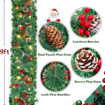 9Ft Christmas Lighted Garland, Battery Operated Christmas Garland with Lights,Pre-Lit Garland with Pine Cones for Indoor Home Holiday Xmas Decorations