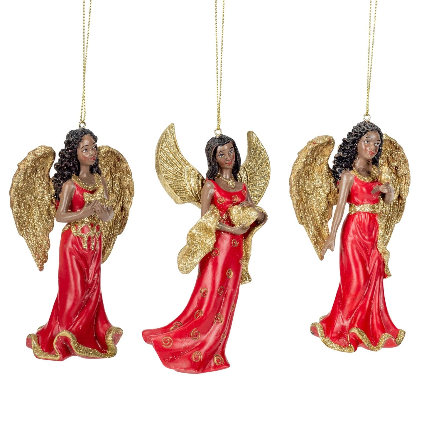 Kurt Adler 4.75" Resin Red & Gold African American Angel Ornament 3/Asstd