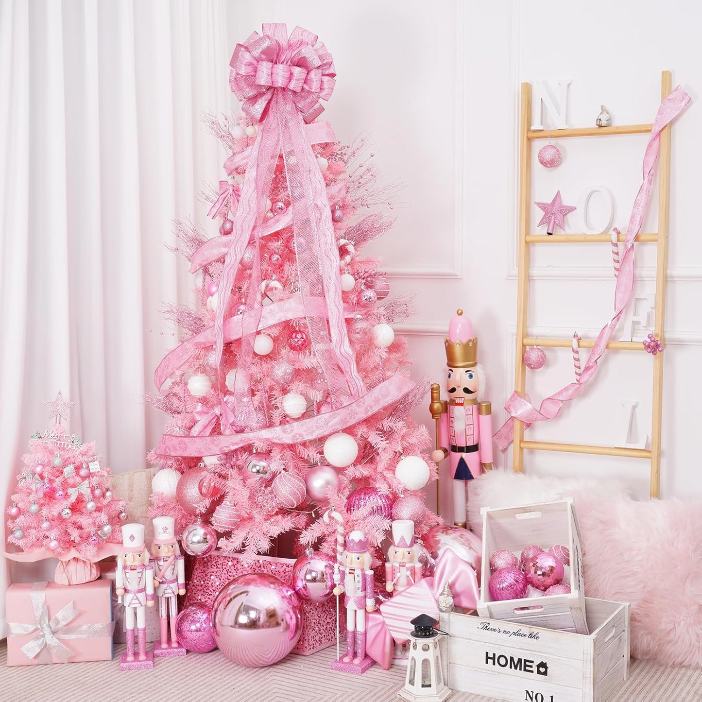 Christmas Tree Topper, 32X12 Inches Large Toppers Bow with Glitter Satin Mesh Streamer, Pink Christmas Tree Topper for Christmas Home Decoration (Pink),Circle Tree Topper