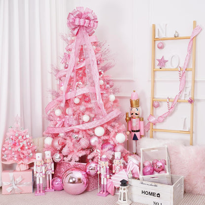 Christmas Tree Topper, 32X12 Inches Large Toppers Bow with Glitter Satin Mesh Streamer, Pink Christmas Tree Topper for Christmas Home Decoration (Pink),Circle Tree Topper