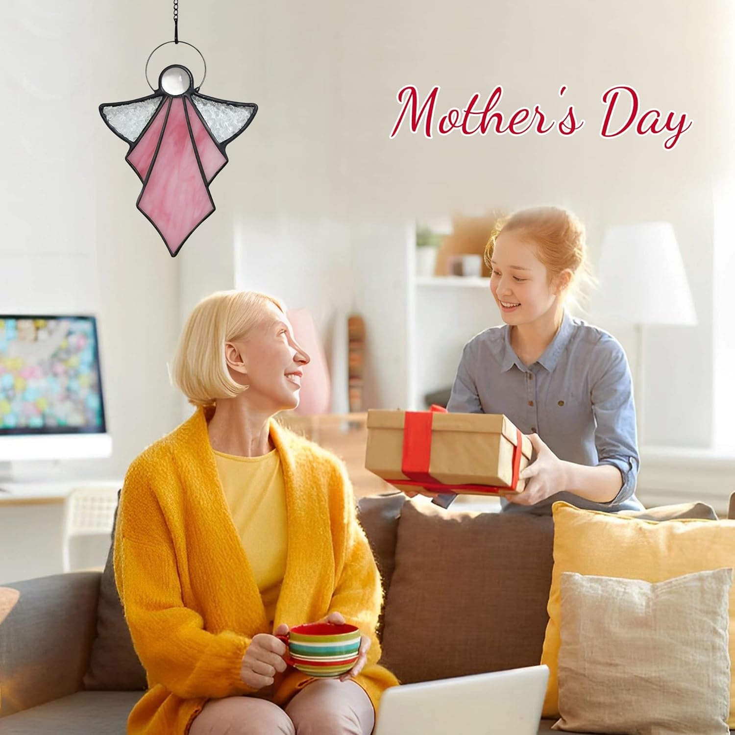 Angel Ornament,Stained Glass Window Hangings Decor,Tiffany Style Handcrafted Suncatcher for Window Memorial Remembrance Sympathy Gifts, Angel Gifts for Women(Pink)