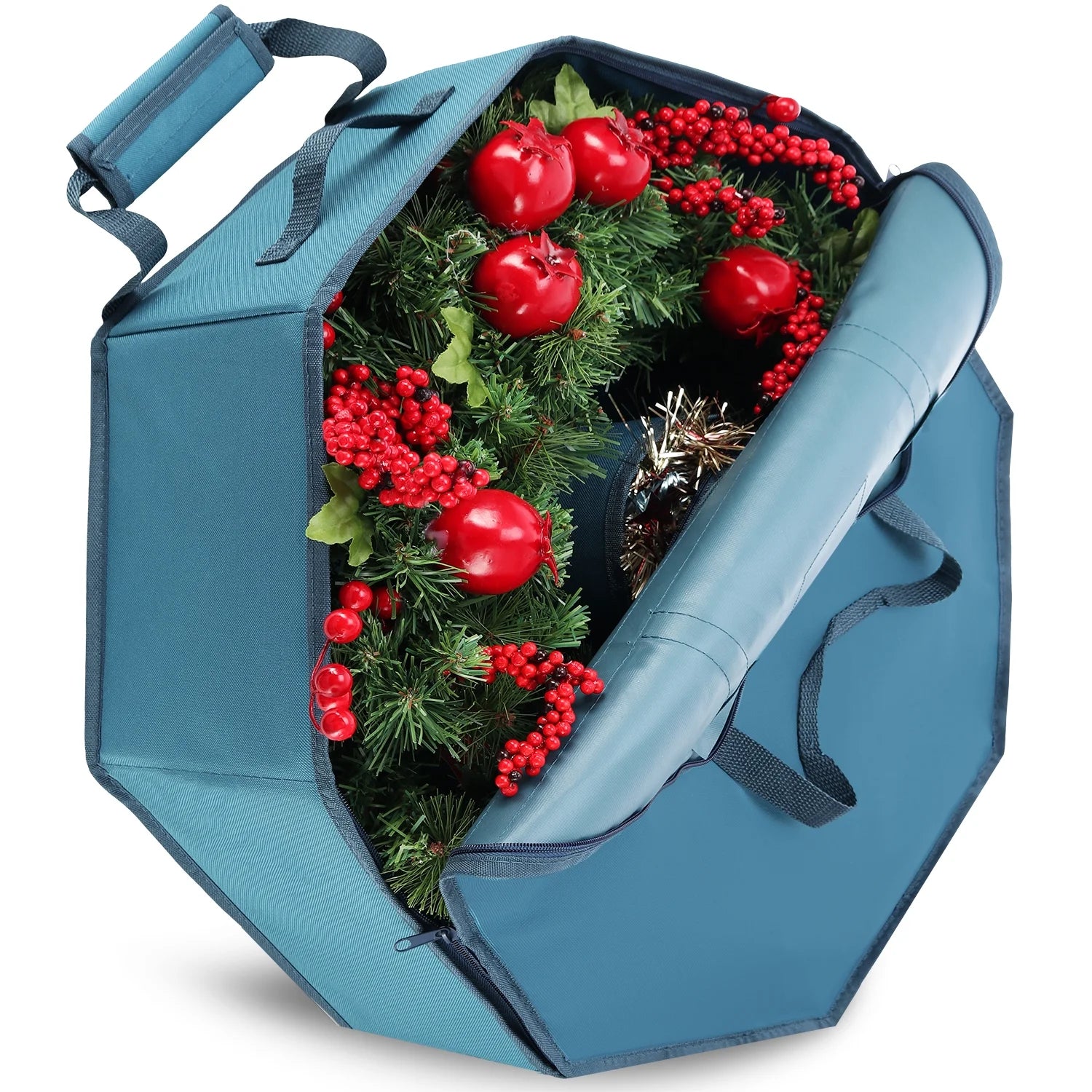 36" Hard Shell Holiday Wreath Storage Container with Interior Pockets, Dual Zipper and Handles, Blue