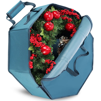 36" Hard Shell Holiday Wreath Storage Container with Interior Pockets, Dual Zipper and Handles, Blue
