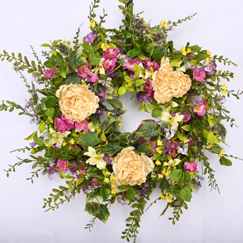 26" Handcrafted Faux Peony Morning Glory Silk Wreath for Front Door